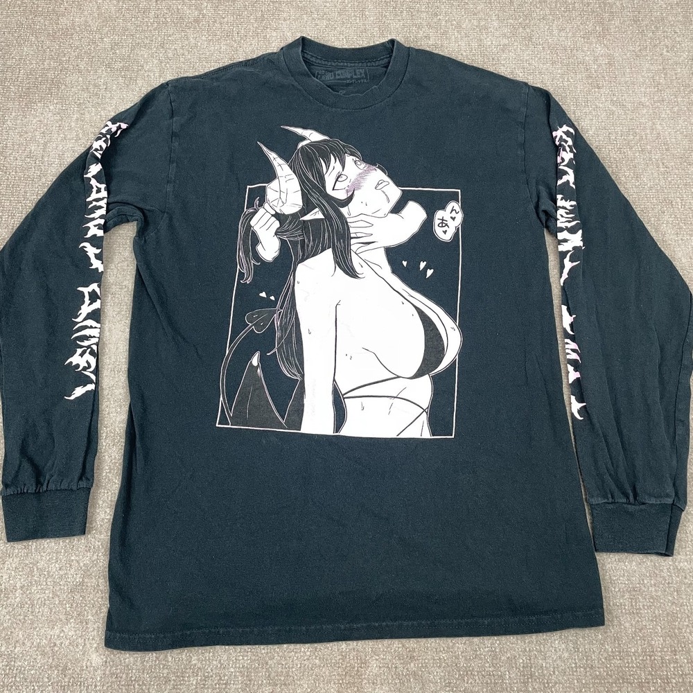 Lewd Complex Choke Girl Succubus Anime T-Shirt Mens M Black Graphic Long Sleeve